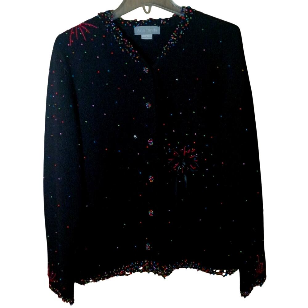 Vintage Ann Trinity Black Knit Cardigan Multicolored Beaded "Firework" Sweater